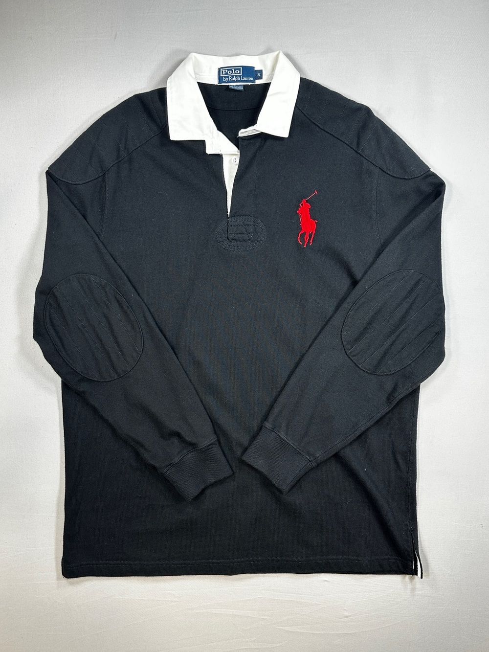 Vintage Polo Ralph Lauren Rugby Shirt Men’s M Black Red Pony Elbow Patches - Picture 10 of 10